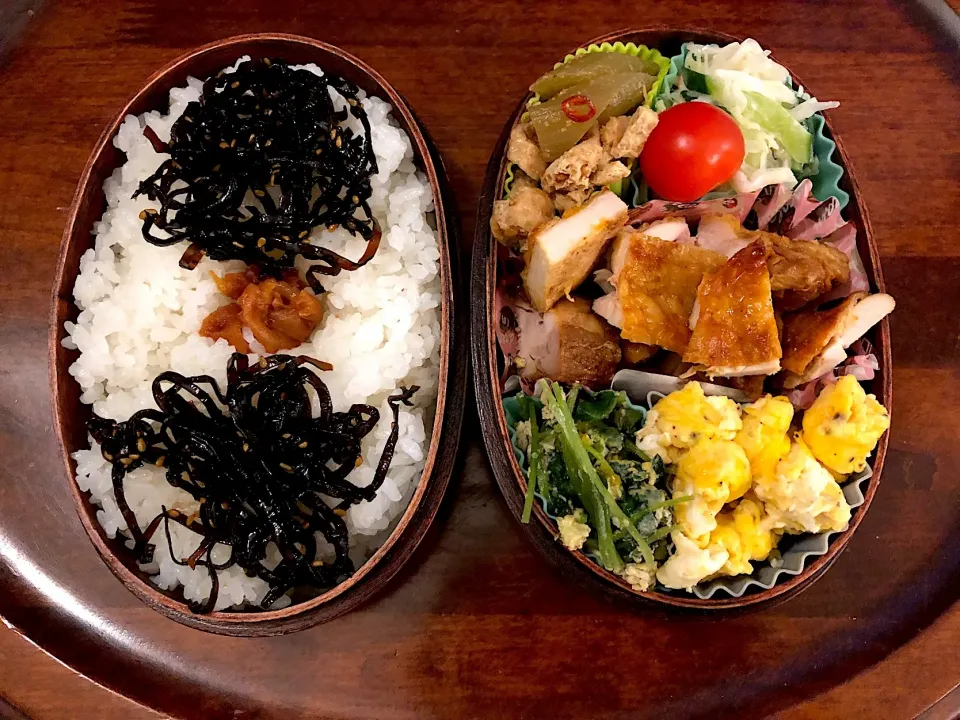 Snapdishの料理写真:本日もお弁当🍱チキン照り焼き🍗卵焼き🍳三つ葉☘の卵とじ🥚蕗キンピラ🌰シーザーサラダ🥗 #息子弁当  #わっぱ弁当  #チキンソテー  #卵焼き  #三つ葉  #蕗  #シーザーサラダ  #札幌  #中島公園  #セゾンファクトリーシーザードレッシング|Yukie  Toriseさん