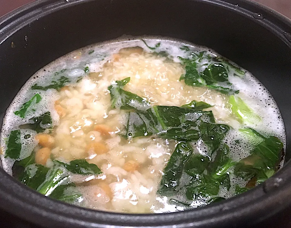 宿ぐらしの昼ごはん😅😢🙂
青菜納豆雑炊  辣油入り
復活の途中。しかし咳がひどい。|ぽんたさん