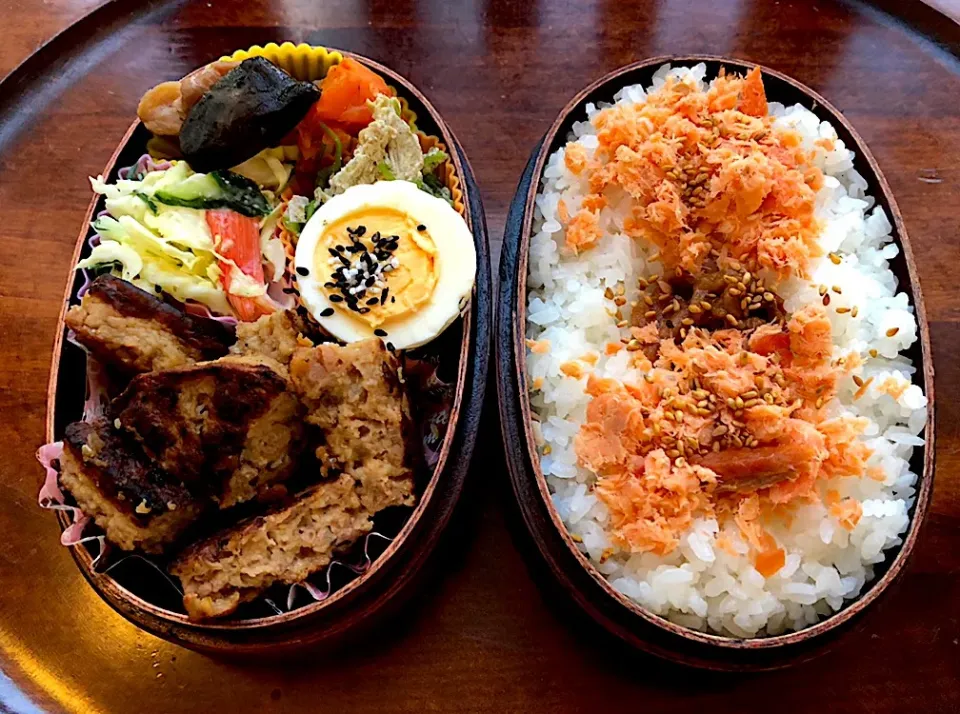 本日もお弁当🍱豆腐ハンバーグ🥩フレンチサラダ（セゾンファクトリーのフレンチドレッシング使用）旨煮🌰三つ葉卵とじ🥚 #息子弁当  #わっぱ弁当  #豆腐ハンバーグ #フレンチサラダ #フレンチドレッシング  #セゾンファクトリー  #セゾンファクトリー の柚子フレンチドレッシング #三つ葉  #ゆで卵  #札幌  #中島|Yukie  Toriseさん