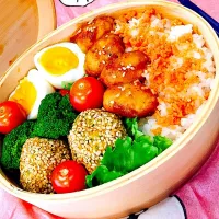 Snapdishの料理写真:〜学校お弁当〜  #曲げわっぱ   #つくおき   #簡単弁当   #詰め込み弁当|かじくんのお弁当さん