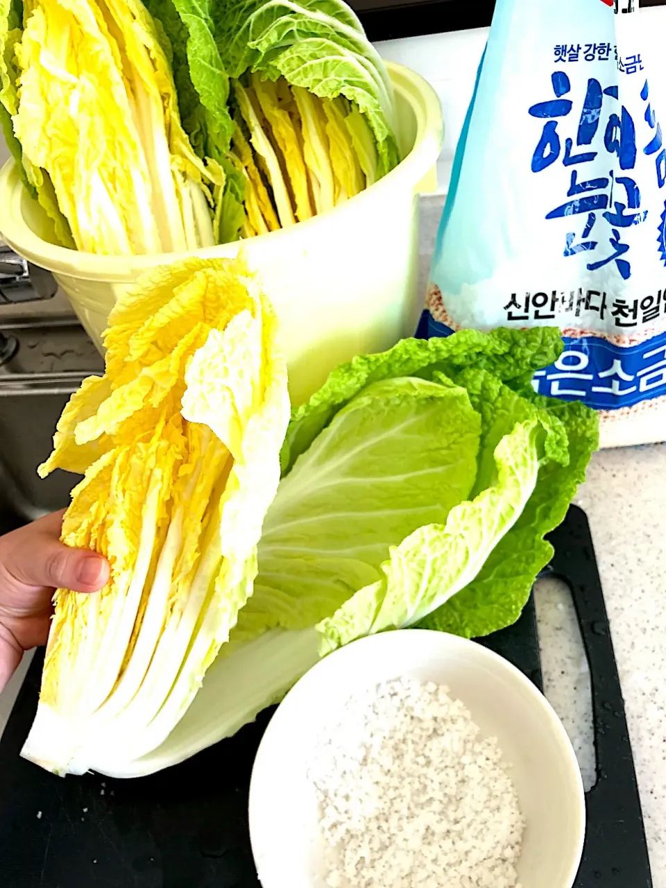 Snapdishの料理写真:#キムジャン #김장  まずは白菜の塩漬けから👍🏻葉を一枚ずつめくり芯の方へ向かって粗塩を振っていきます。#手作りキムチ|ヨッチャンさん