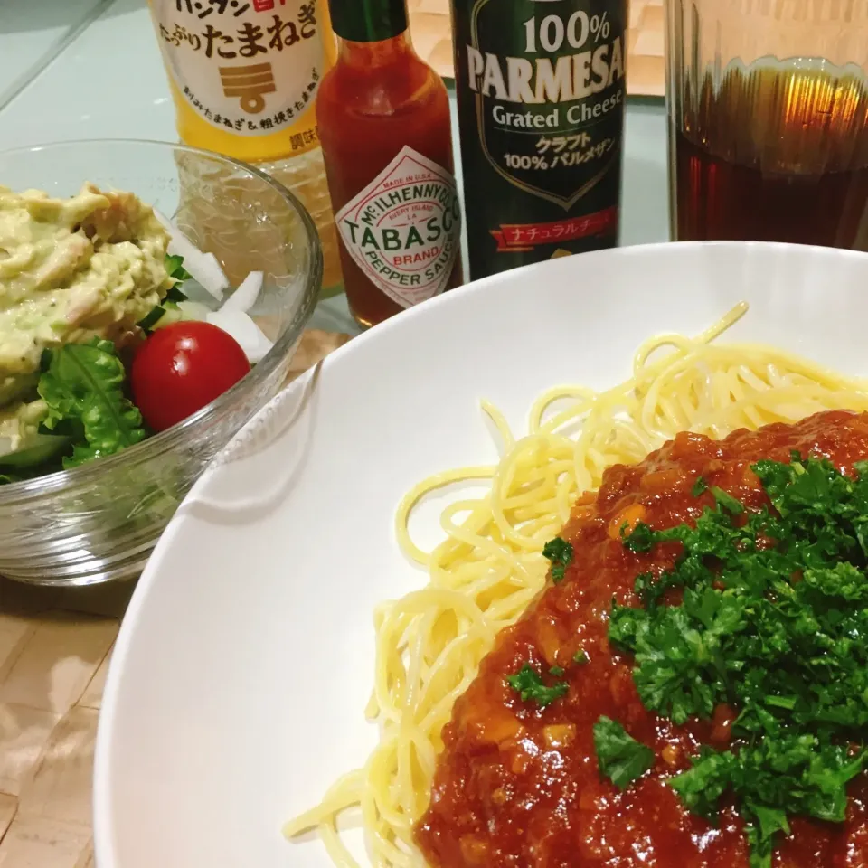 Snapdishの料理写真:今日の夕飯♪ミートソーススパゲティ|ぐぅさん