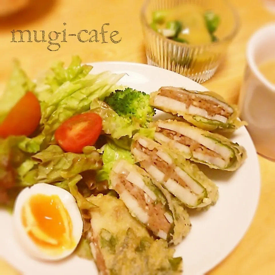 蓮根のはさみ揚げ&ひともじくるくる|mughi-cafeさん