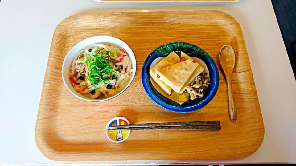 今日の昼食 かき玉うどん、高野豆腐のピリ辛煮|pinknari🐰🌈さん