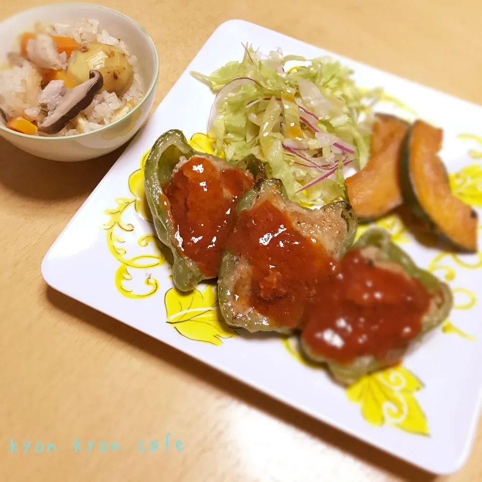 栗の炊き込みご飯とピーマンの肉詰め|きょんきょんさん