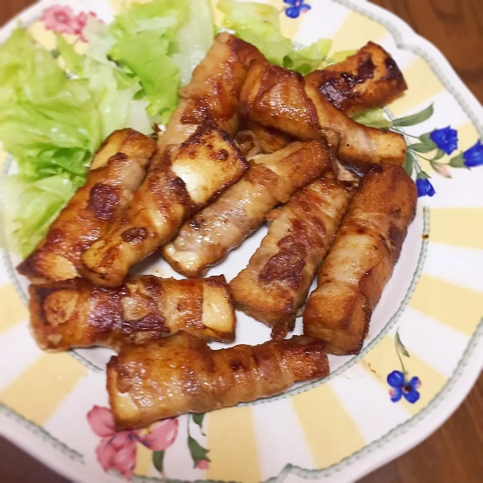 Snapdishの料理写真:絹揚げの豚バラ肉巻き|まるおさん