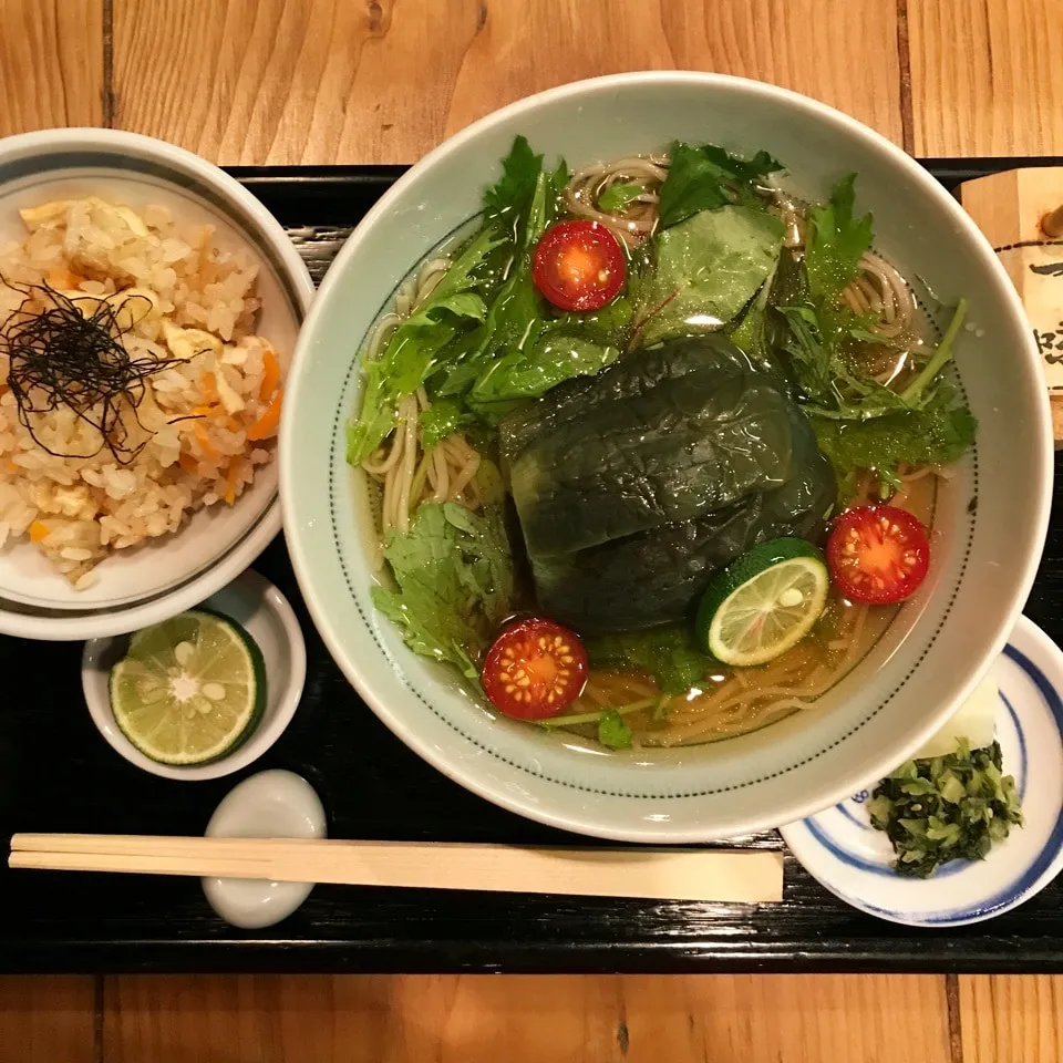 Snapdishの料理写真:冷やし揚げ水茄子蕎麦と鮭ごはん。|tamemitiさん