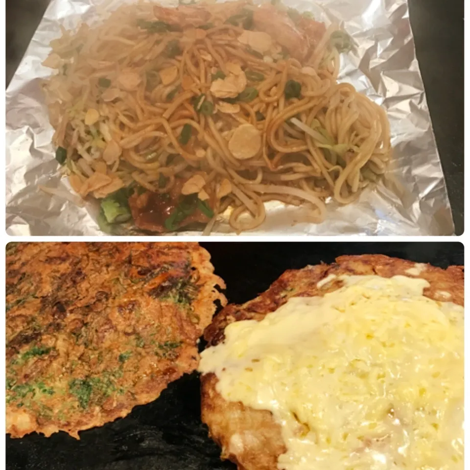 試合後のホルモン焼きそばとネギ焼きとチーズお好み焼き🍻|tamemitiさん