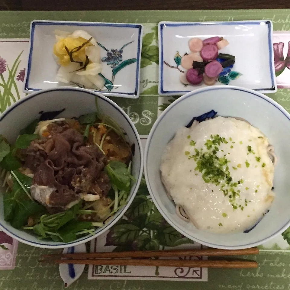 お肉タップリ他人丼とトロロ蕎麦。運動の後は美味しいなぁ〜‼️|tamemitiさん