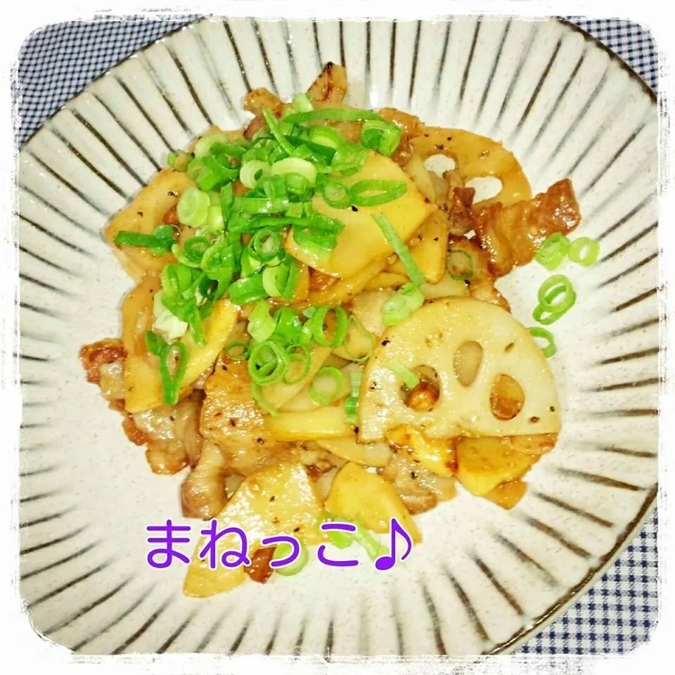 Snapdishの料理写真:まねっこ♪　からビーちゃん～まりおちゃんの豚肉と筍の炒め物☆|ねねさん