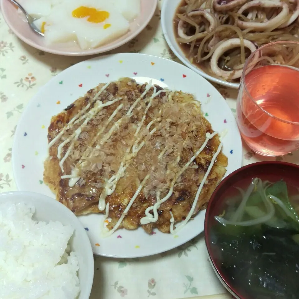 お好み焼き&イカもやし&牛乳寒天😋|じゅんさん