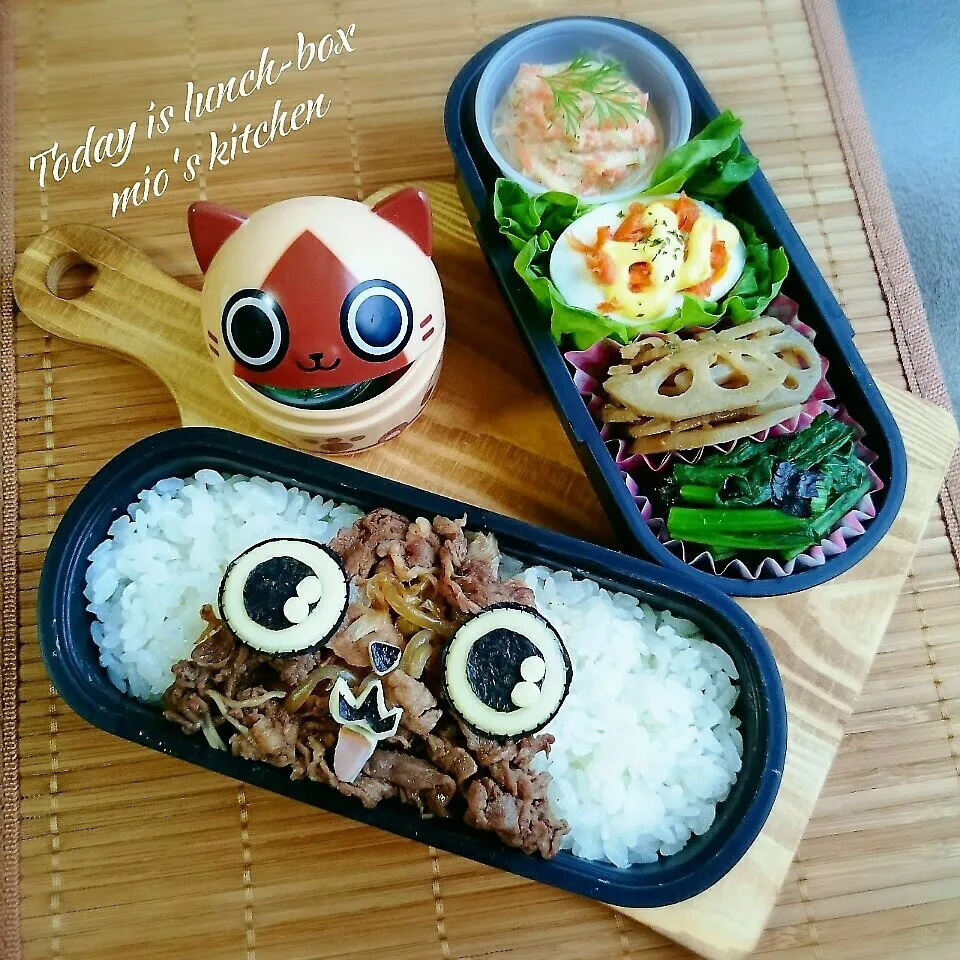 Snapdishの料理写真:♡今日のお弁当♡ちょいデコ弁シリーズ♡牛丼アイルー♡|美桜さん