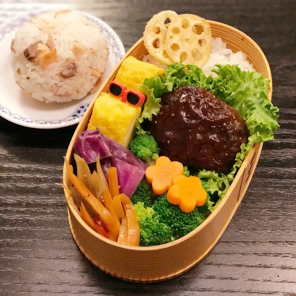 今日の息子くん弁当♡今日はおにぎり付き♡ハンバーグ弁当♡|yu-chanさん