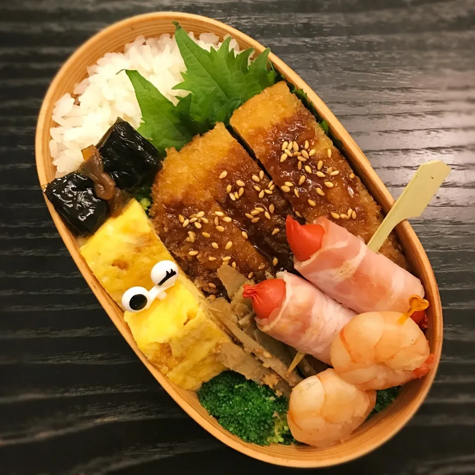 今日の息子くん弁当♡とんかつ&ウィンナーのベーコン巻き♡|yu-chanさん