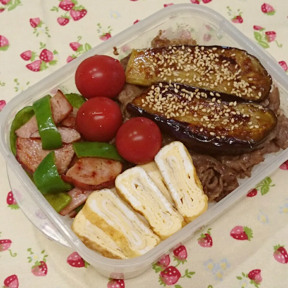 牛肉と茄子のしょうが照り焼き のっけ弁当🎵|みちゅあしさん