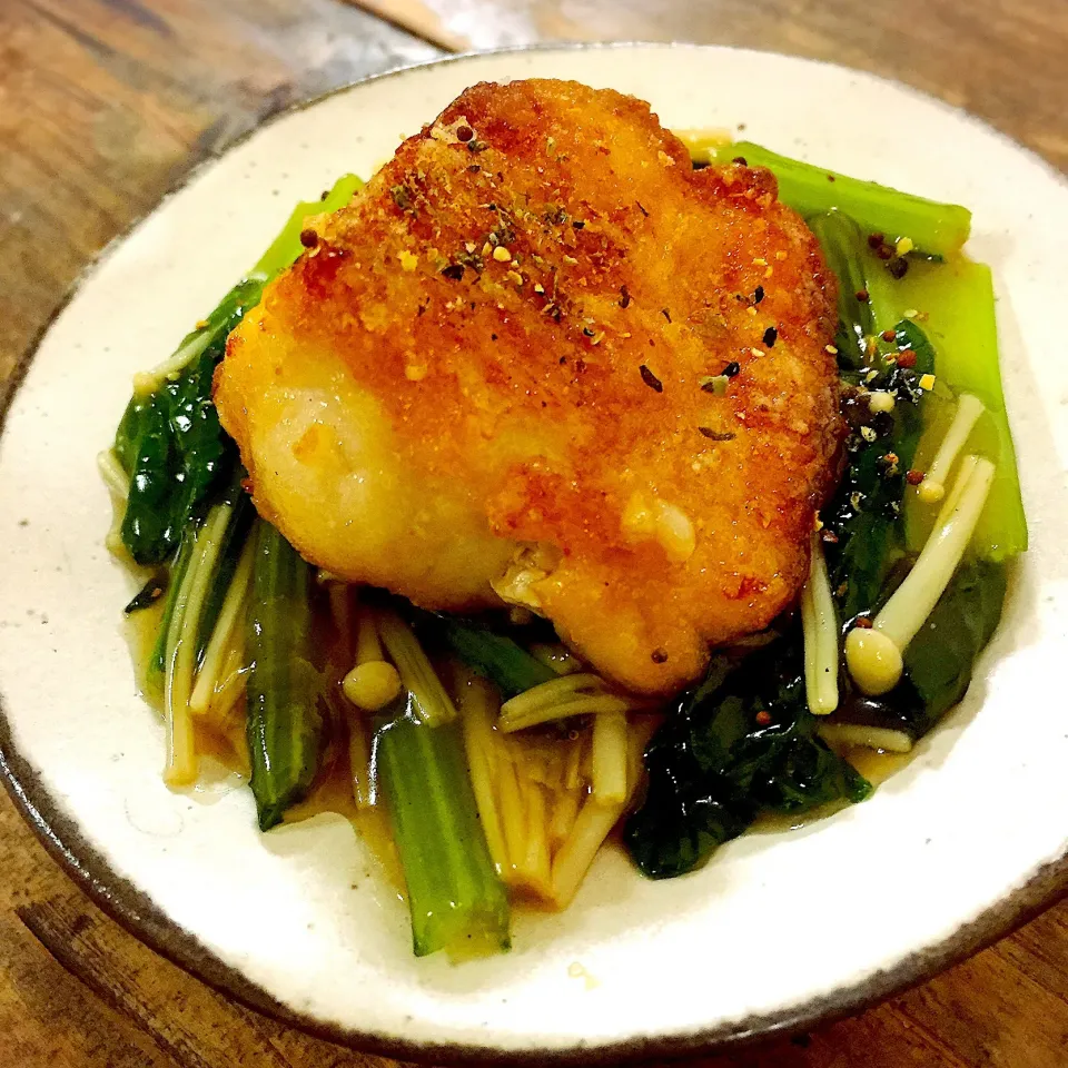 雪菜とエノキ餡でメカジキの焼き物|アッツさん