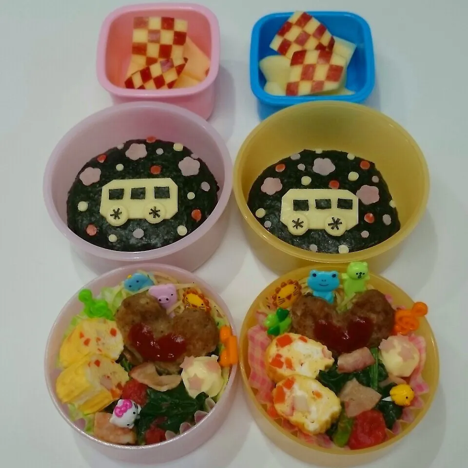 バスおにぎり、ハート ハンバーグ弁当♪|みちゅあしさん