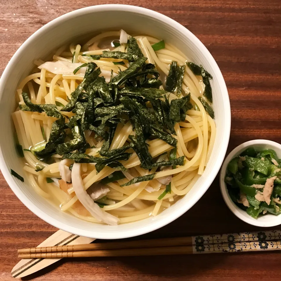 マネっこー😁和風きのこ梅こぶ茶soupパスタ|01さん