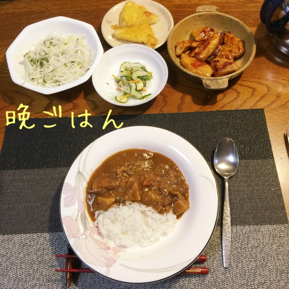 カレーライス、昨夜の残り物、大根サラダ|yakinasuさん