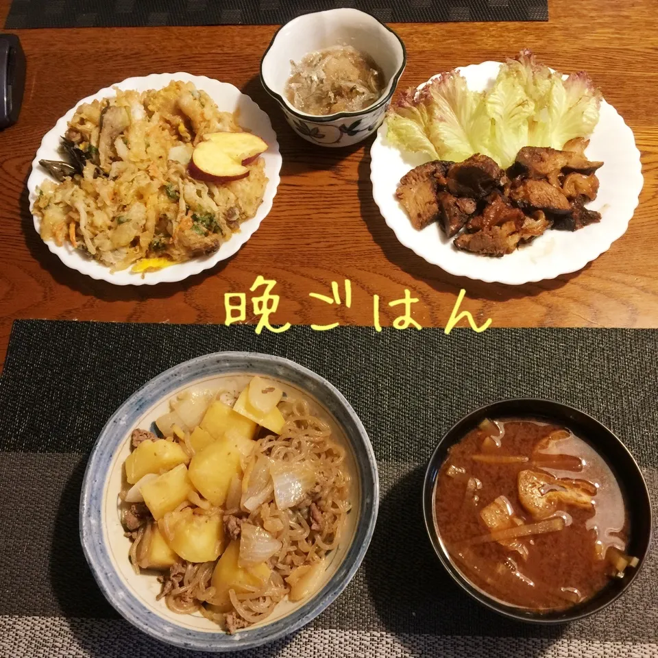 肉じゃが、煮豚、天とじ、ジャコおろし、味噌汁|yakinasuさん