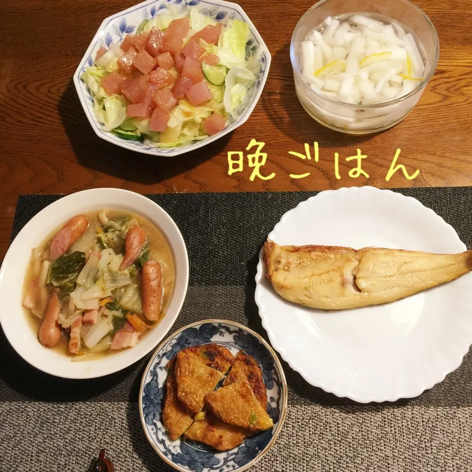 白菜ウインナコンソメ煮、ホッケ干物、鮪カルパッチョ、野菜天|yakinasuさん