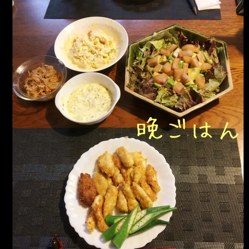 Snapdishの料理写真:ささみカレーマヨスティック、勘八アボカドサラダ、ポテサラ|yakinasuさん