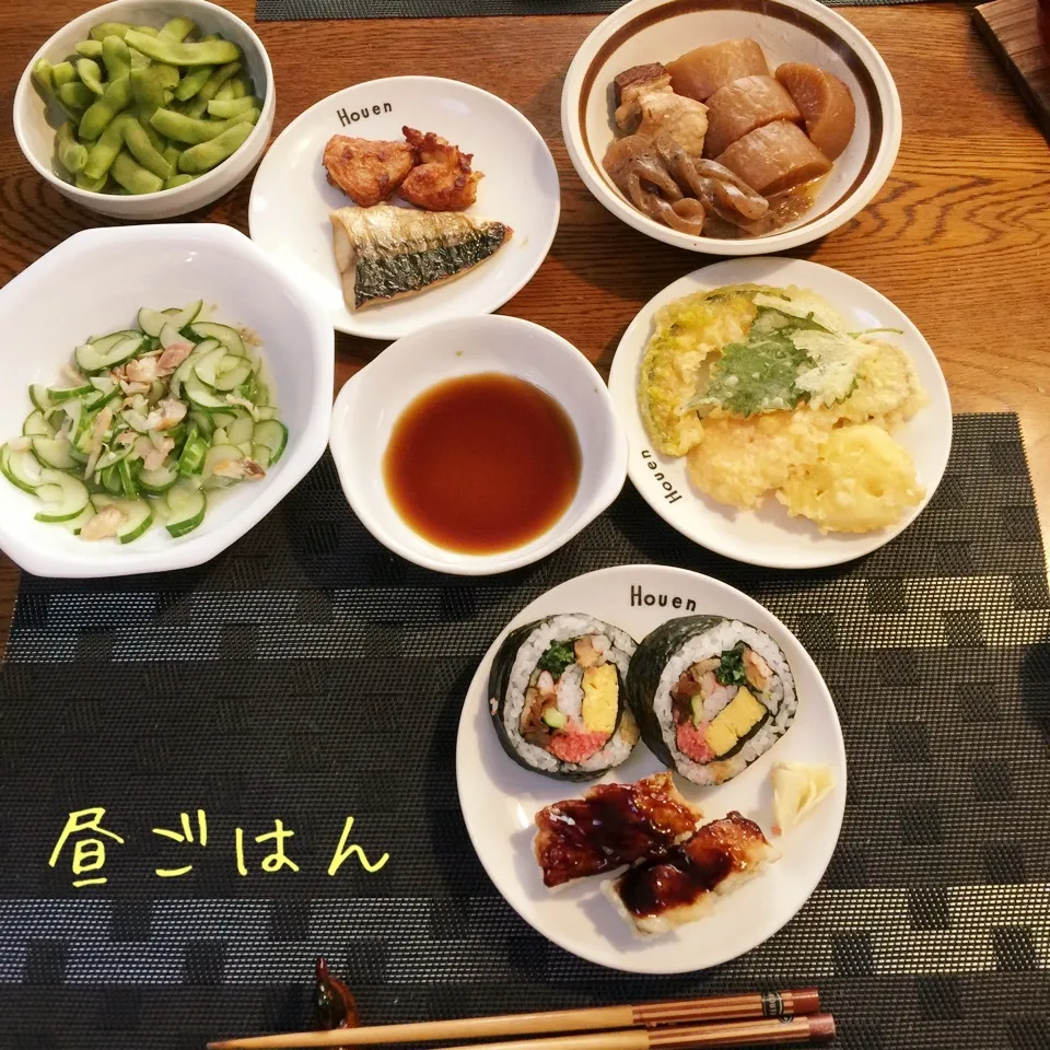 豚角煮&大根煮、枝豆、塩サバ、特上巻き、穴子寿司、胡瓜酢の物|yakinasuさん