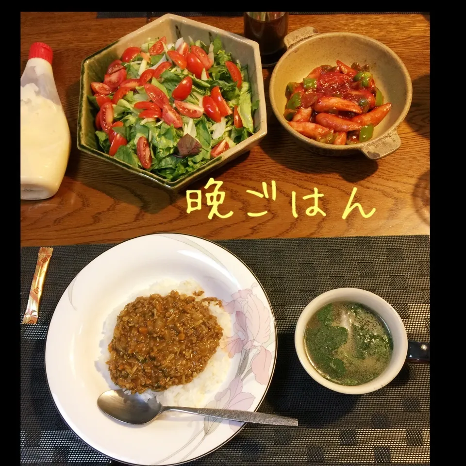 Snapdishの料理写真:ドライカレー、ソーセージのケチャタバ、サラダ、スープ|yakinasuさん