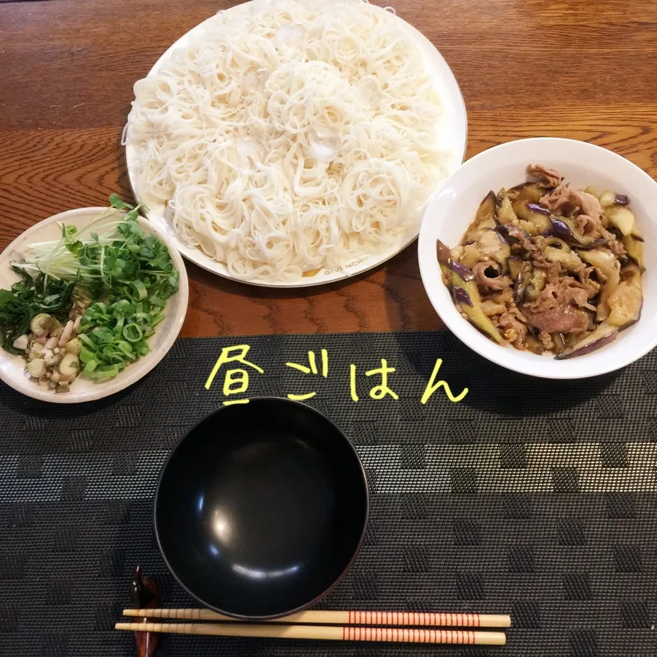 そうめん、茄子と豚肉の麺つゆ炒めと、薬味たっぷり|yakinasuさん