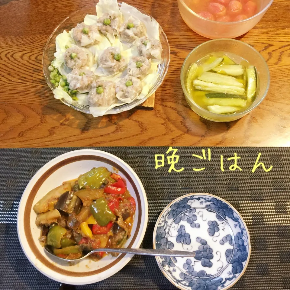 Snapdishの料理写真:ラタトゥイユ、紫蘇入りシュウマイ、常備菜|yakinasuさん