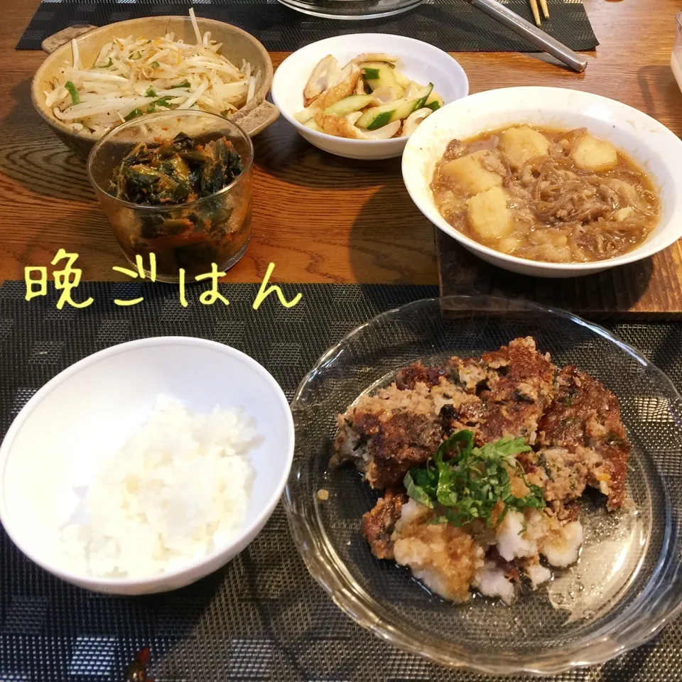 ミートローフ、野菜炒め、ごはん、肉じゃが、竹輪と胡瓜炒め|yakinasuさん