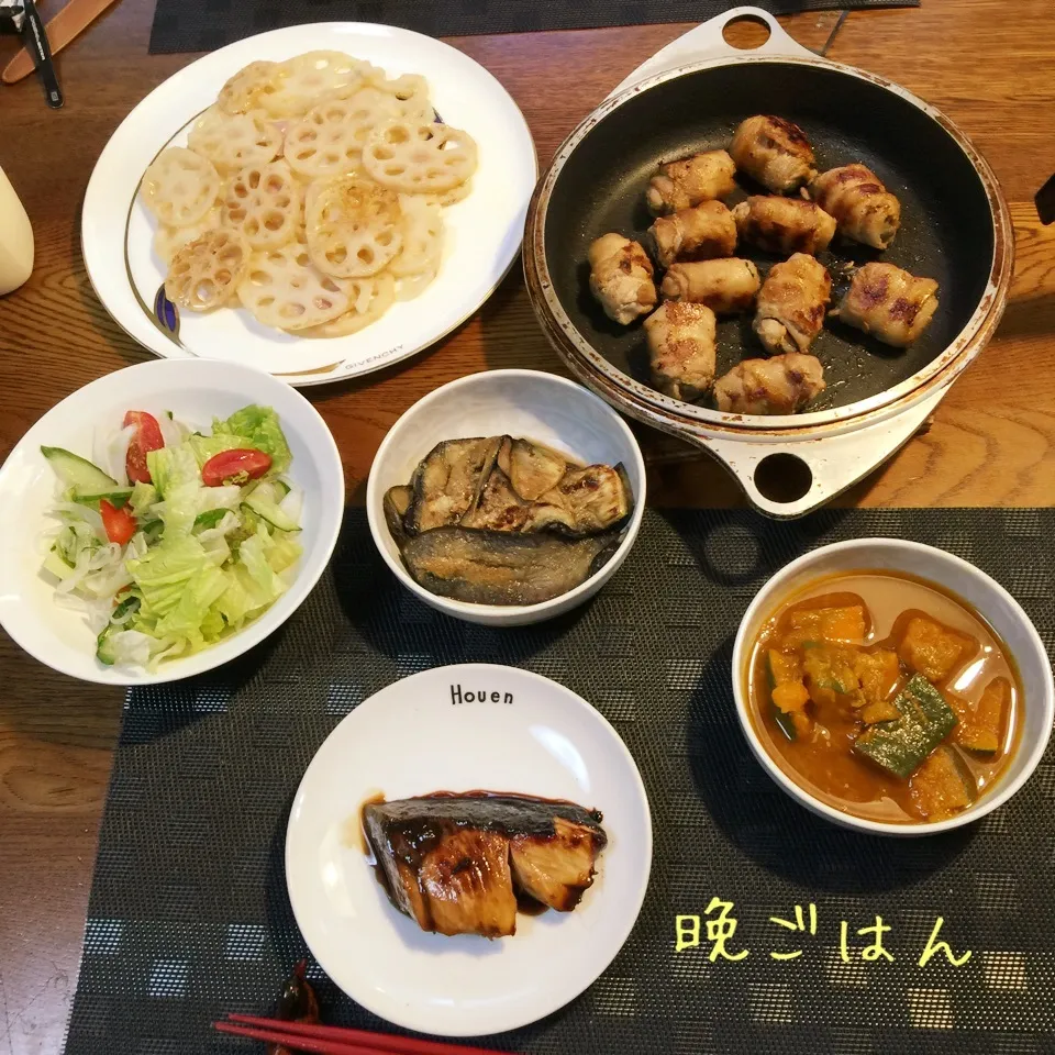 鰤照焼き、茄子豚巻き、蓮根ガレット、昨日の残り物|yakinasuさん