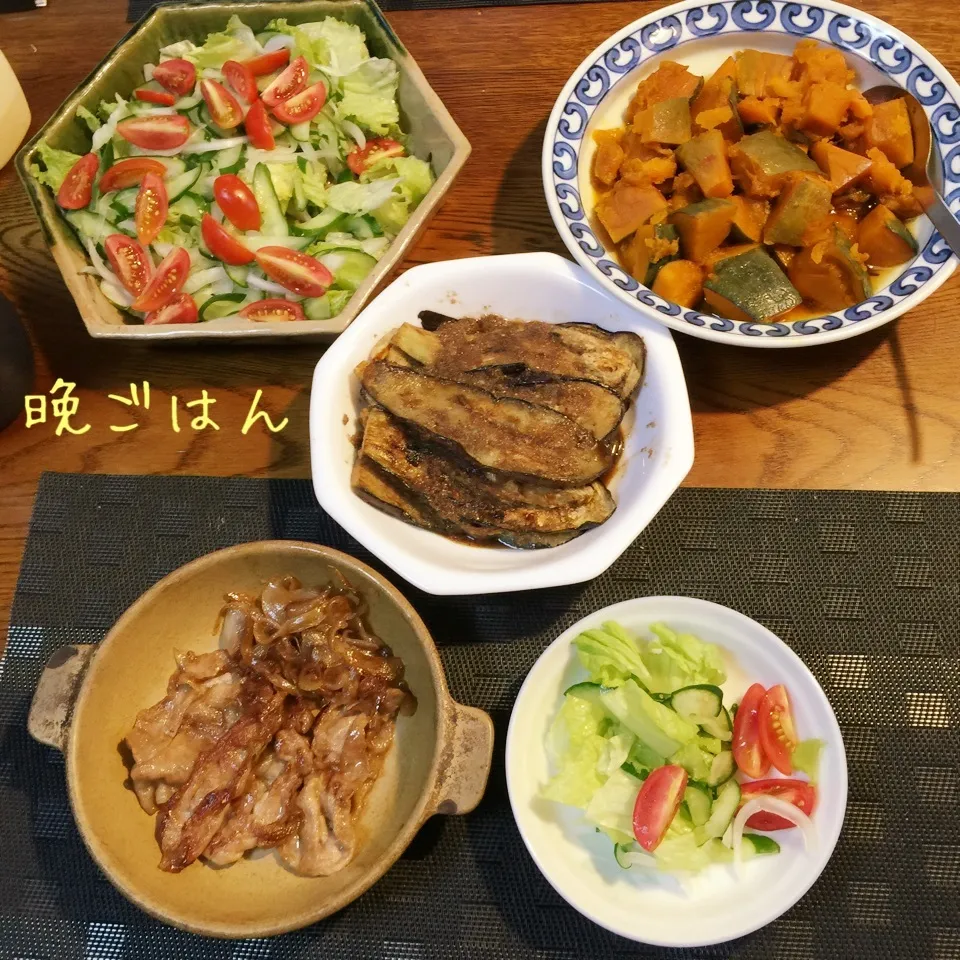 豚肉生姜焼き、茄子の胡麻醤油漬け、南瓜煮物、野菜サラダ|yakinasuさん