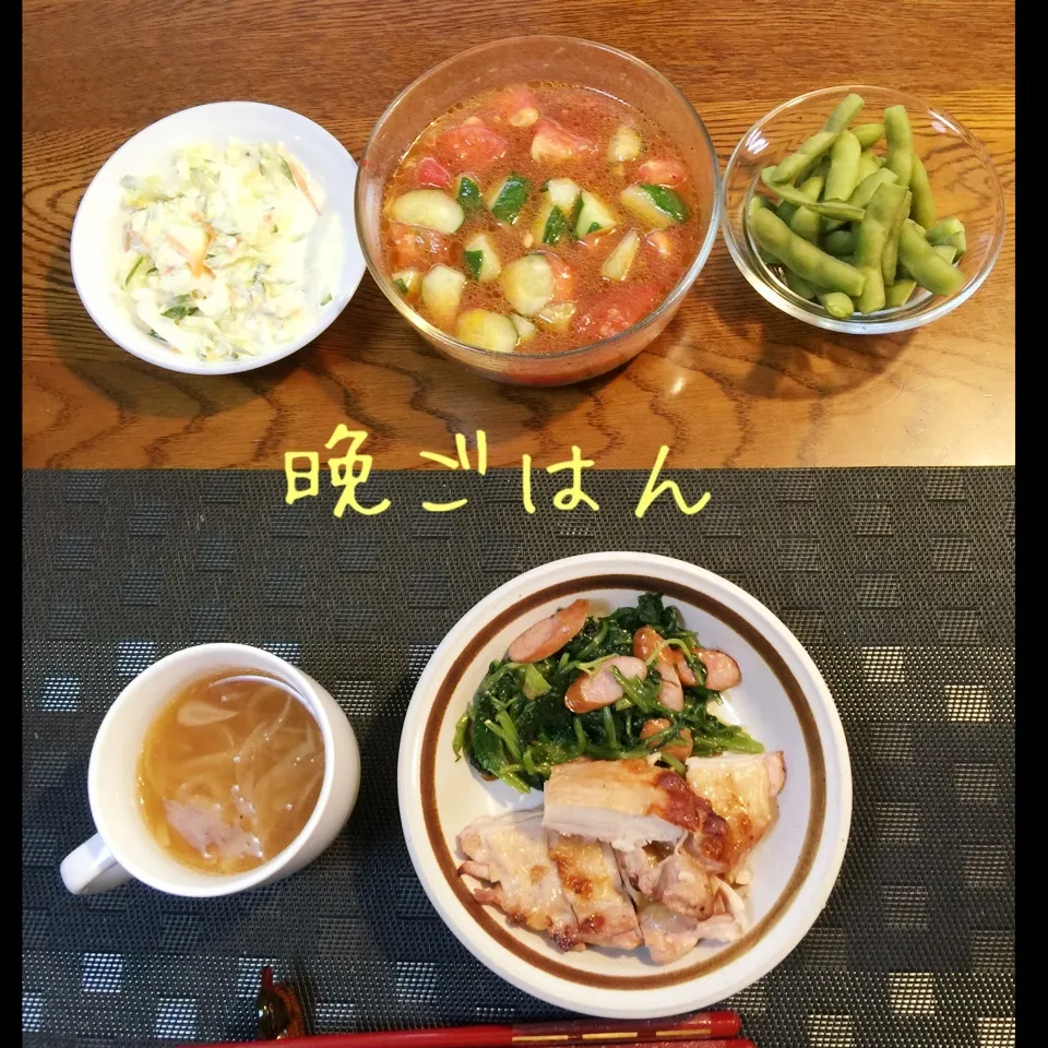 Snapdishの料理写真:鶏モモ肉のグリル焼き、ほうれん草ウインナのソテー、スープ|yakinasuさん