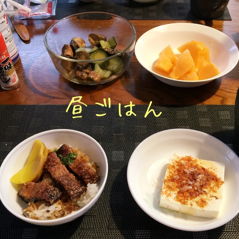 Snapdishの料理写真:うなぎ寿司、冷奴、茄子の漬物リメイクナムル風に。メロン|yakinasuさん