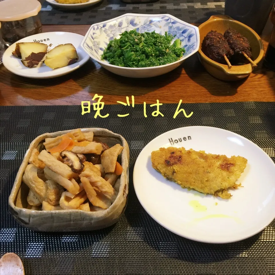 割り干し大根煮物、わさび菜胡麻和え、白身魚カレー風味、焼き芋|yakinasuさん