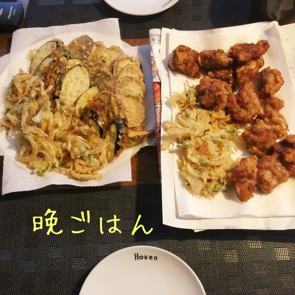 Snapdishの料理写真:鶏モモ唐揚げ、茄子、芋天ぷら、かき揚げ|yakinasuさん