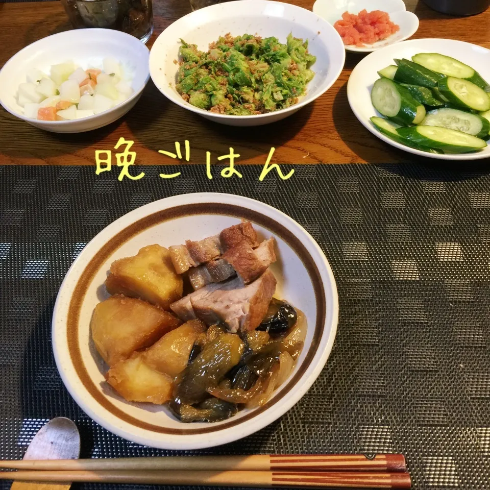 焼き豚と野菜の煮物、蕗の薹胡麻和え、胡瓜明太子、常備菜|yakinasuさん