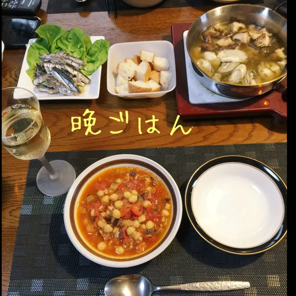 牡蠣椎茸のアヒージョ、ひよこ豆野菜のスープ、オイルサーディン|yakinasuさん