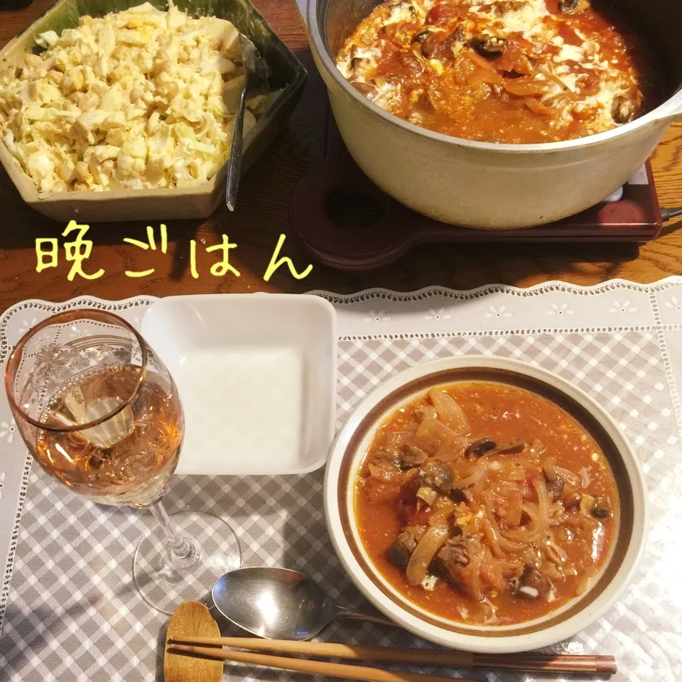 ビーフストロガノフ、キャベツ人参林檎蒸し大豆のゆで卵胡麻マヨ|yakinasuさん