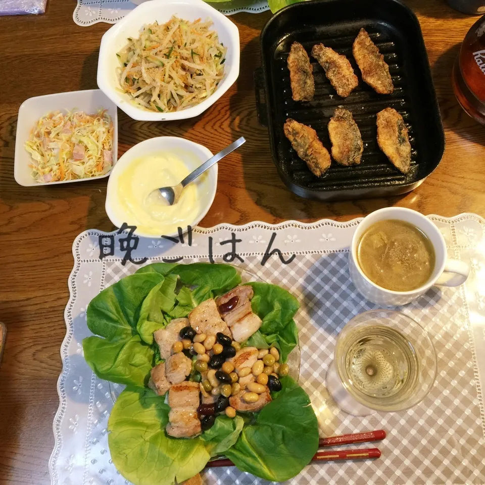 Snapdishの料理写真:豚バラと豆のわさびマヨ、鰺竜田揚げ風、もやし人参胡瓜胡麻ポン|yakinasuさん