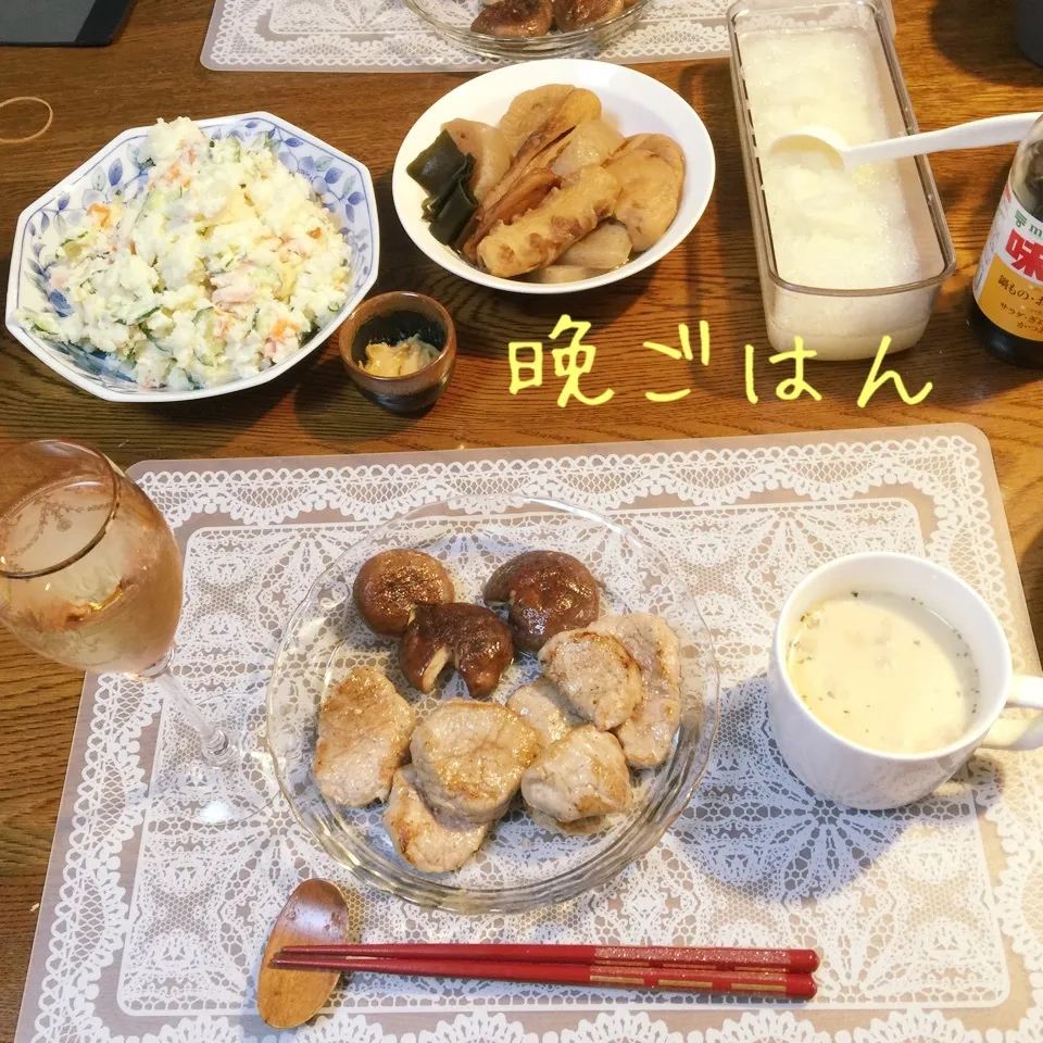 豚ヒレステーキおろしポン酢、ポテトサラダ、おでん、スープ|yakinasuさん