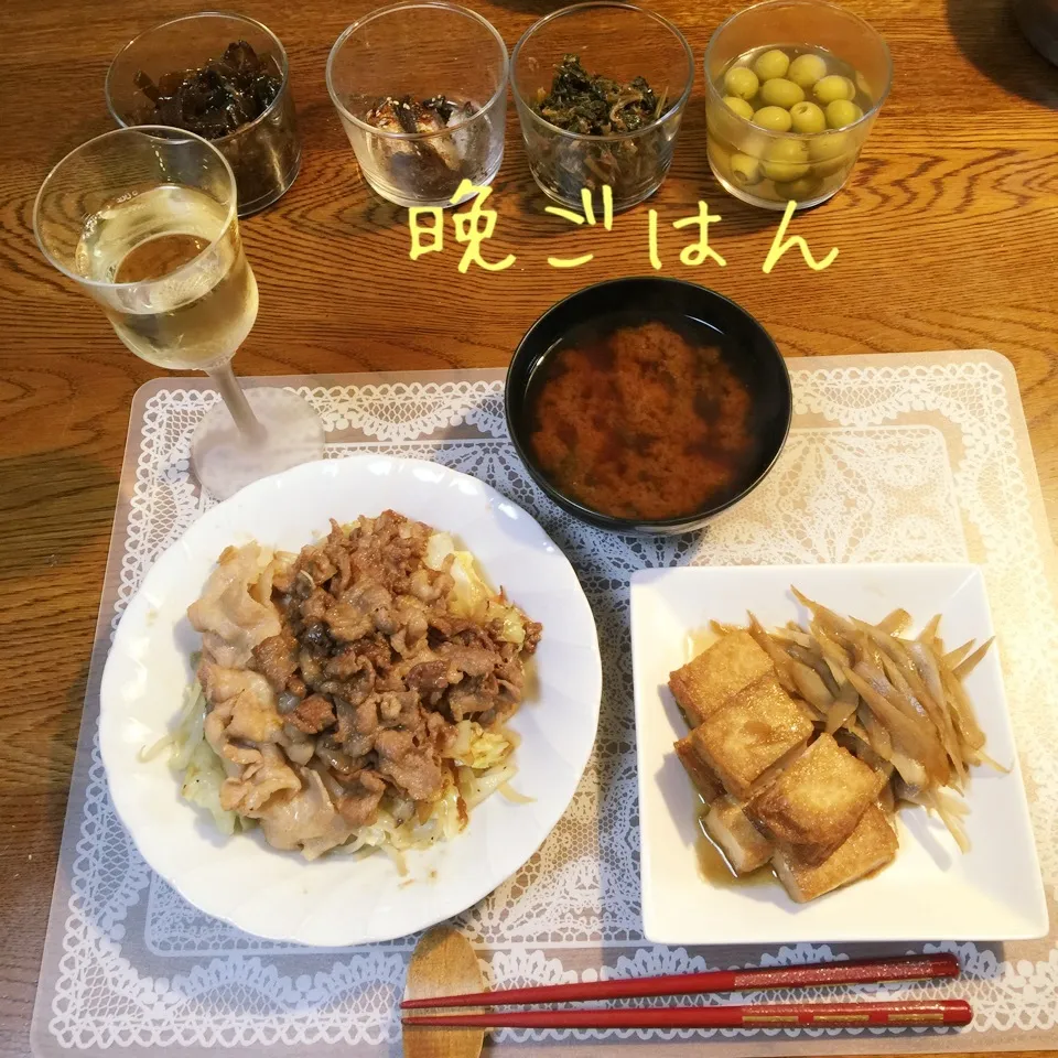 ラム肉ジンギスカン風、野菜炒め、厚揚げと牛蒡煮物、味噌汁|yakinasuさん