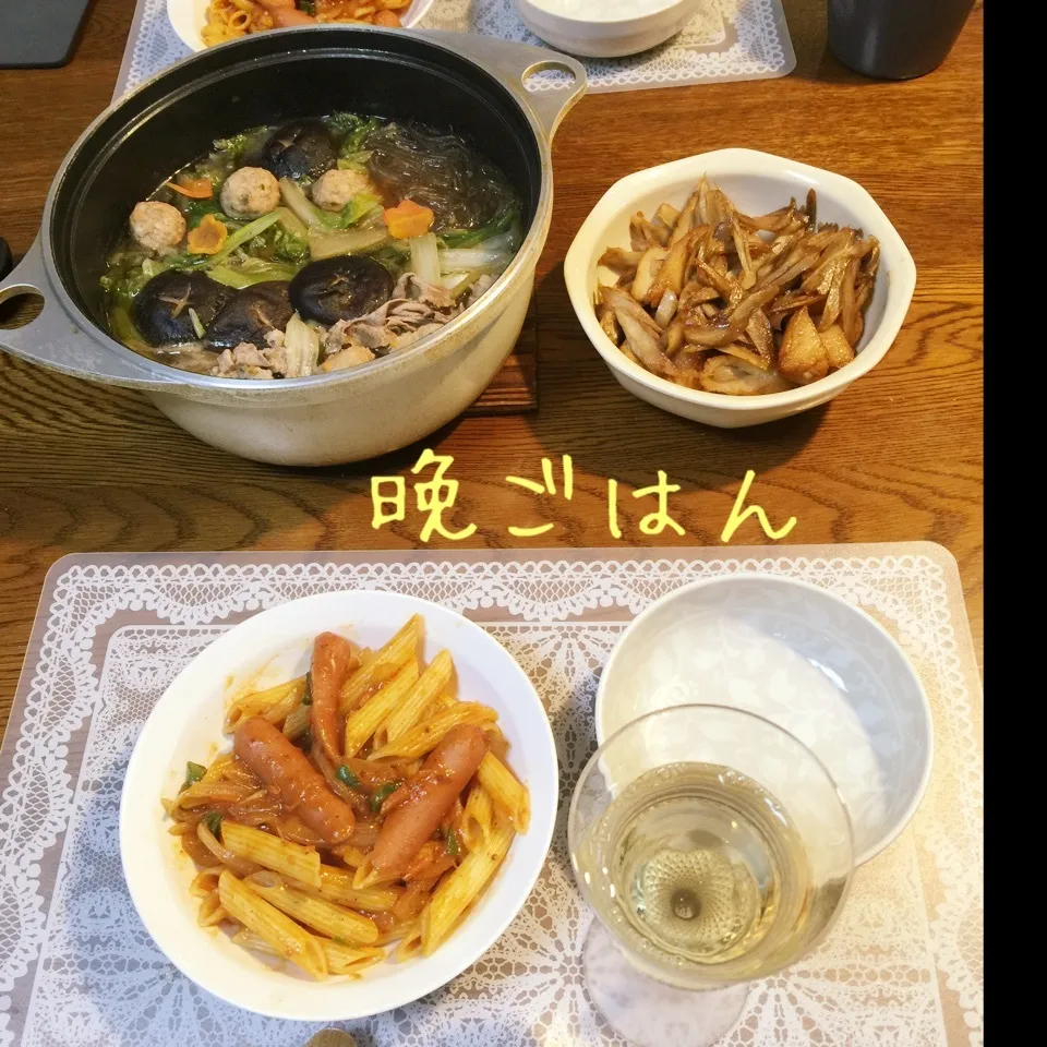 鶏団子鍋、牛蒡天とのキンピラ、ペンネソーセージミートソース|yakinasuさん