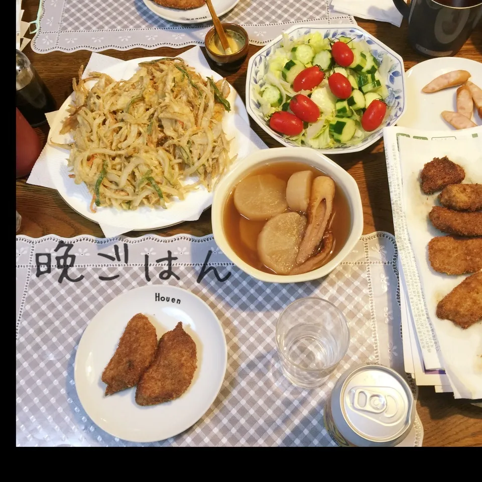 Snapdishの料理写真:ヒレかつ、野菜桜エビかき揚げ、サラダ、大根煮物、発泡酒|yakinasuさん