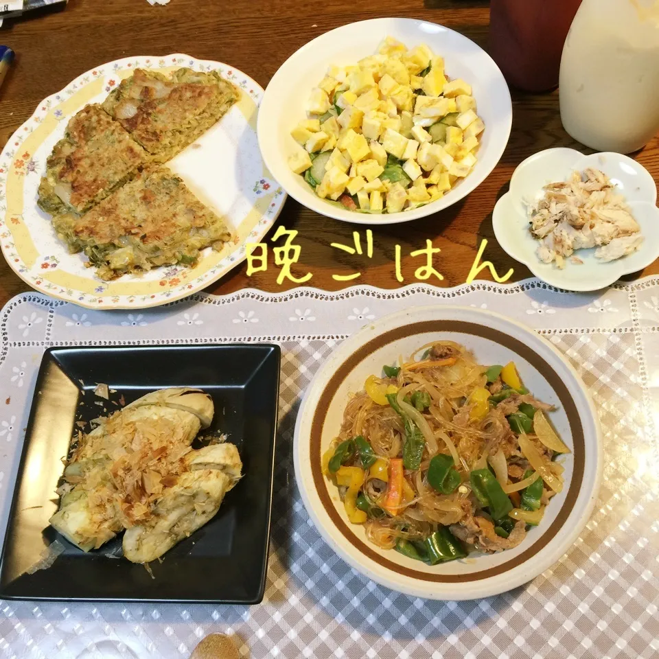 プルコギ春雨、焼きナス、サラダ、お好み焼き、|yakinasuさん