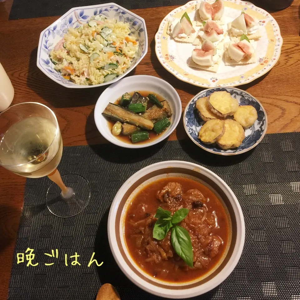 Snapdishの料理写真:豚ヒレ肉赤ワイン煮込み、マカロニサラダ、カナッペ、残り物|yakinasuさん