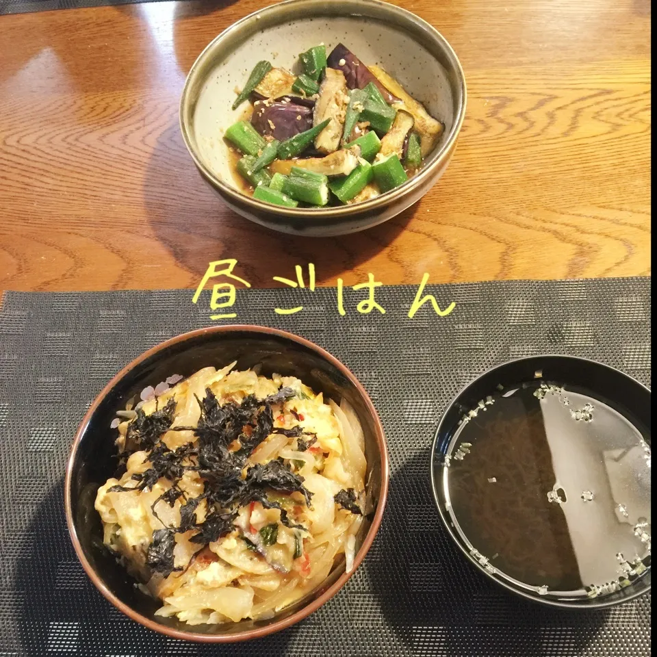 かき揚げ天丼、もずく汁、茄子とオクラの焼き浸し|yakinasuさん