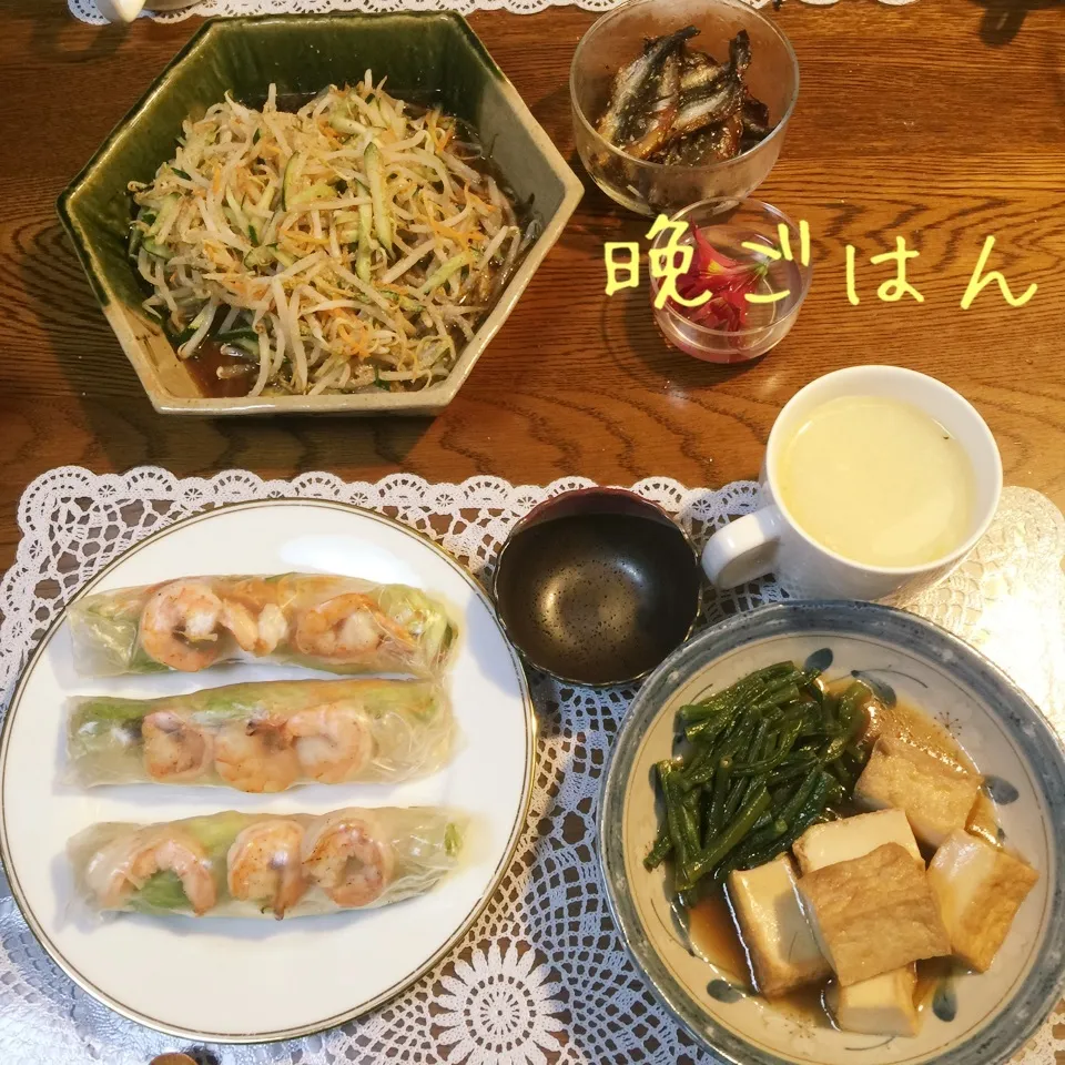 Snapdishの料理写真:生春巻き、厚揚げ十六ささげの煮物、もやし和え物、スープ|yakinasuさん