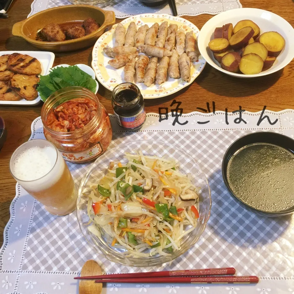 サムギョプサル風、野菜炒め、薩摩芋の甘煮、野菜天焼き、スープ|yakinasuさん